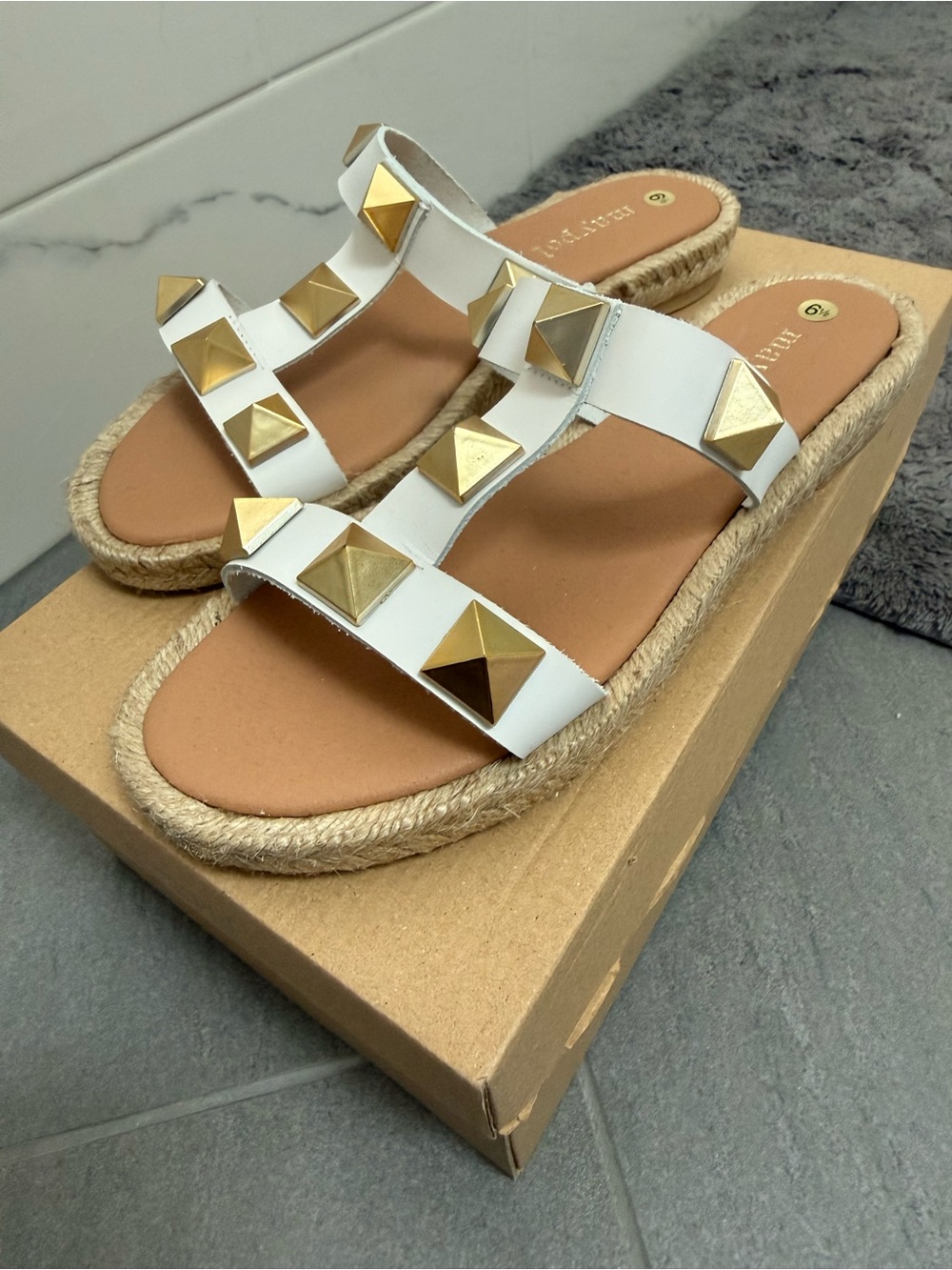 White Slide Sandals with Gold Pyramid Studs